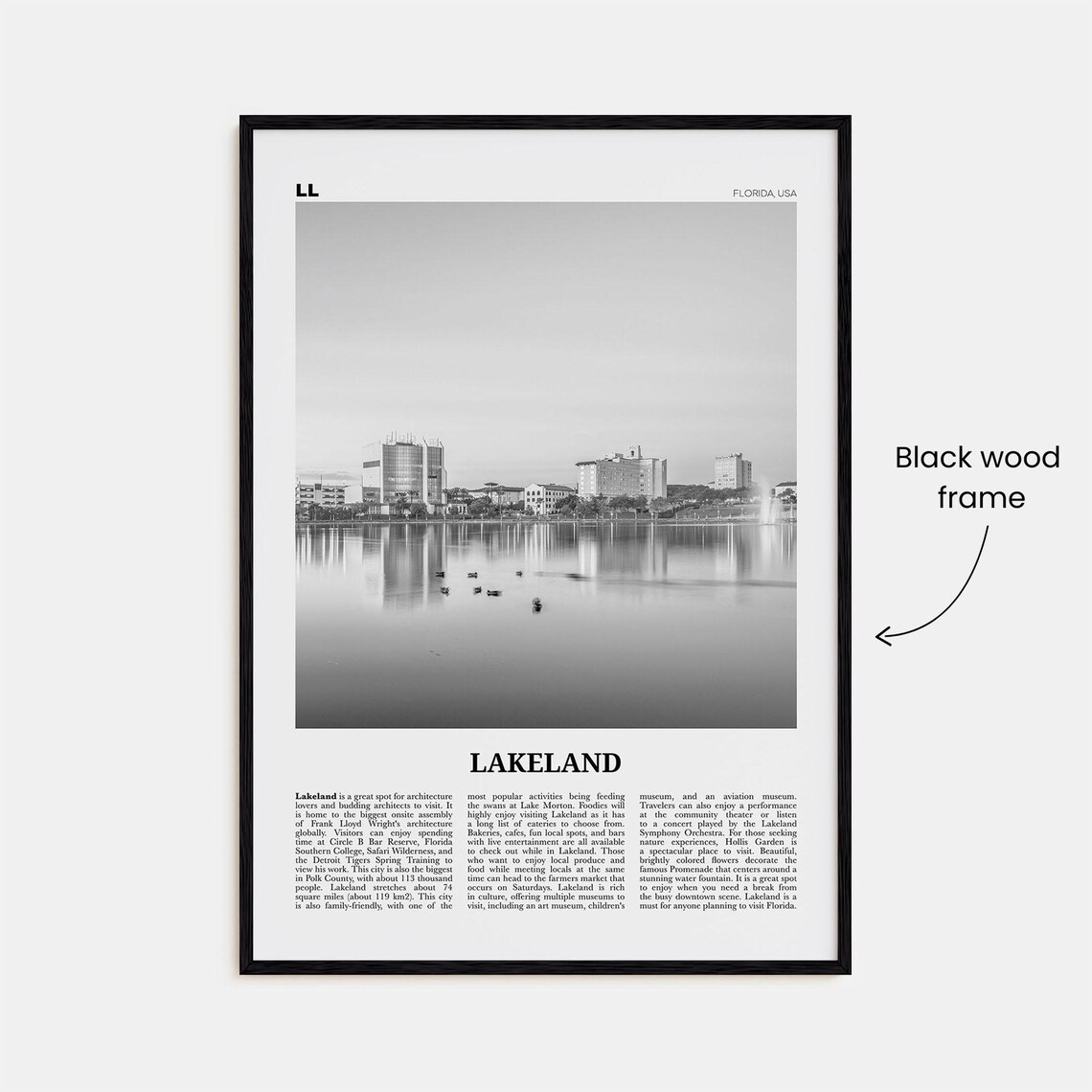 Lakeland Black and White Travel Poster, Florida USA - Image 3