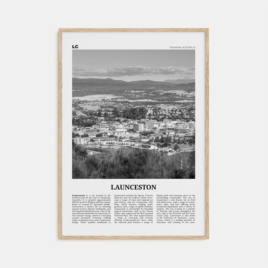Launceston Black and White Map Art Print