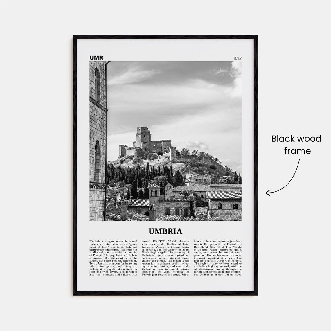 Umbria Black and White Map Art Print, Italy Wall - Image 3