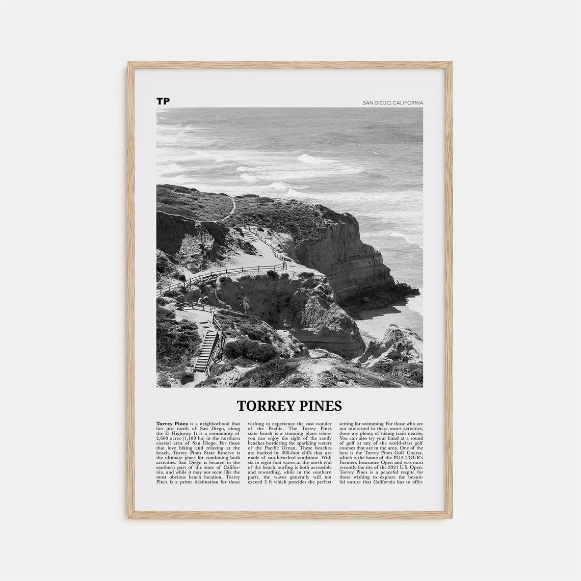 Torrey Pines Black and White Travel Poster, San Diego