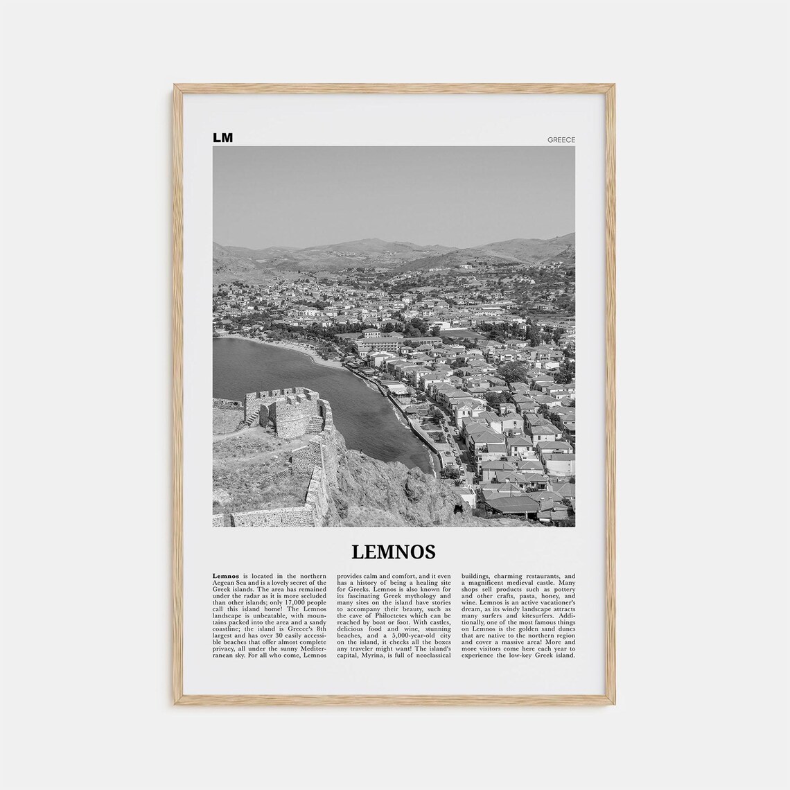 Lemnos Map Greece Travel Poster, Black And White