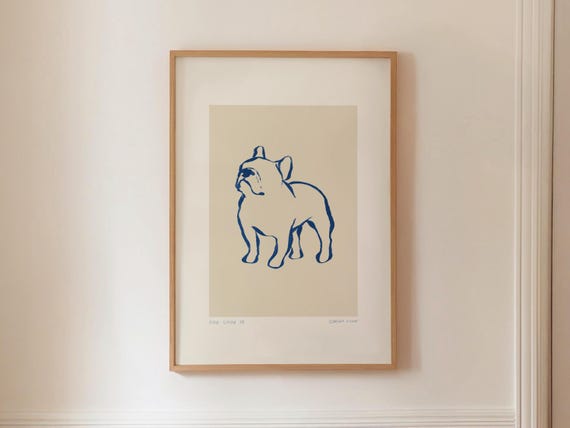 French Bulldog Art Modern Animal Print Blue Fine Sketch Unique Contemporary Wall Decor Instant Download Minimalist Nordic Painting