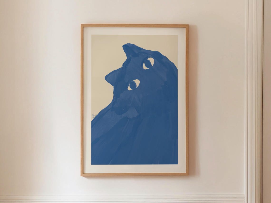 Blue Cat Looking Up Minimalist Abstract Feline Painting Modern Poster