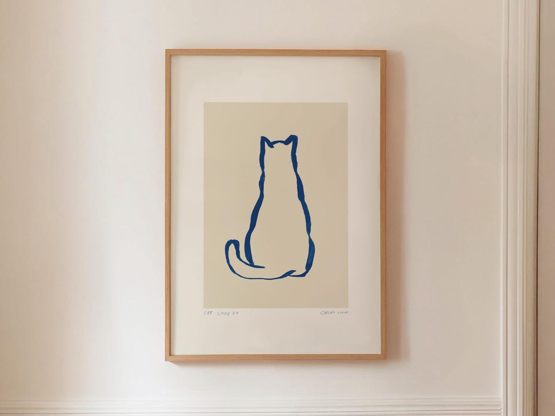 Minimalist Cat Line Drawing Abstract Feline Sketch Modern Blue Poster