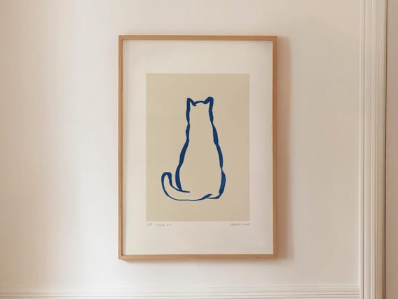 Minimalist Cat Wall Art Modern Line Drawing Printable Digital Pet Painting Blue Contemporary Animal Sketch Neutral Abstract Home Decor