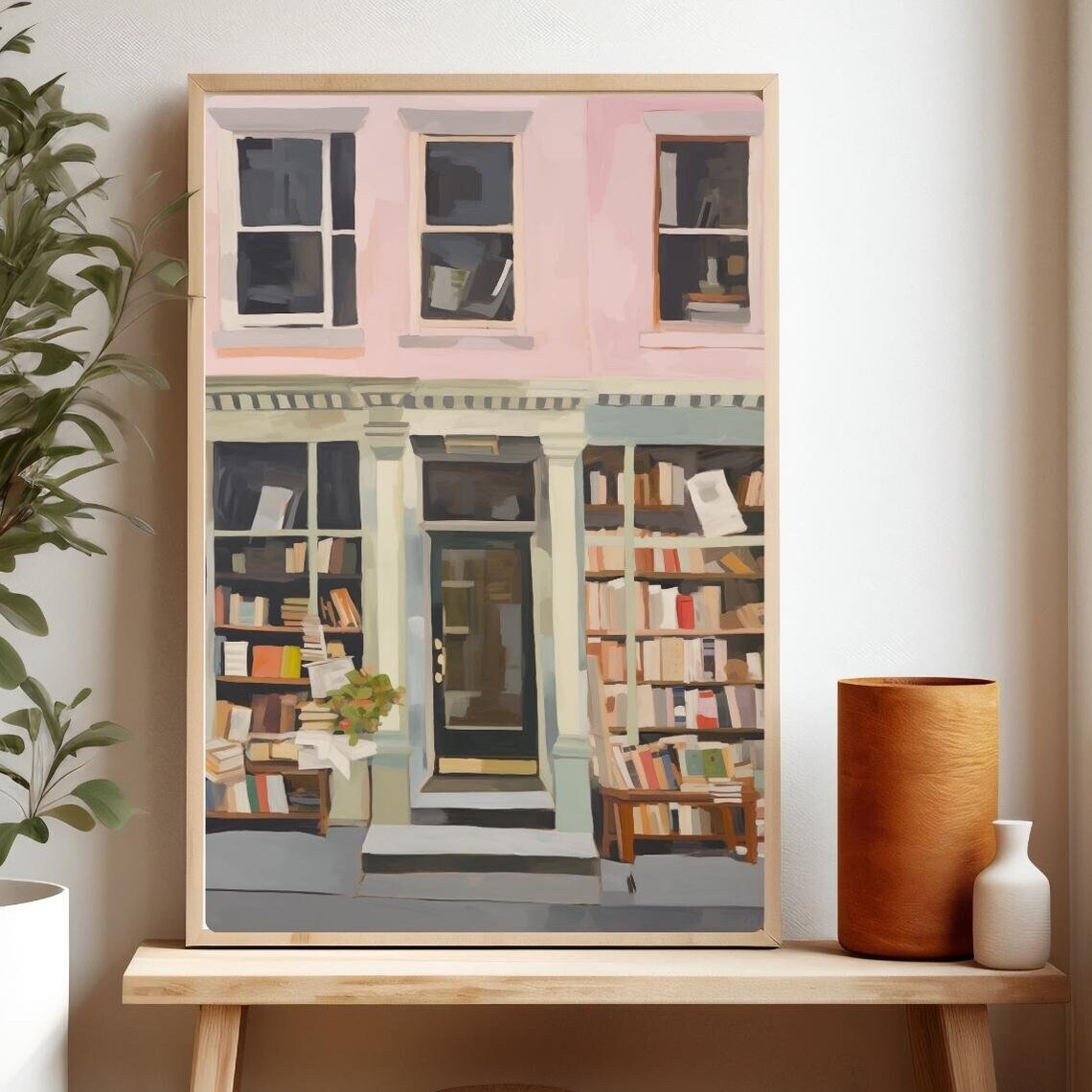 Pink Bookshop Storefront Illustration Cozy London Book Store Poster