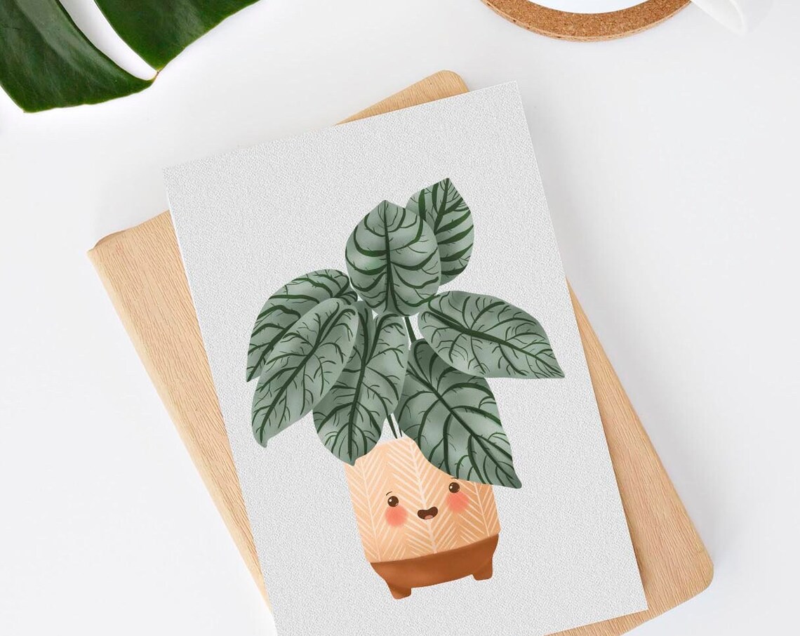 Alocasia Silver Dragon Smiling Cute Kawaii Houseplant Art Print
