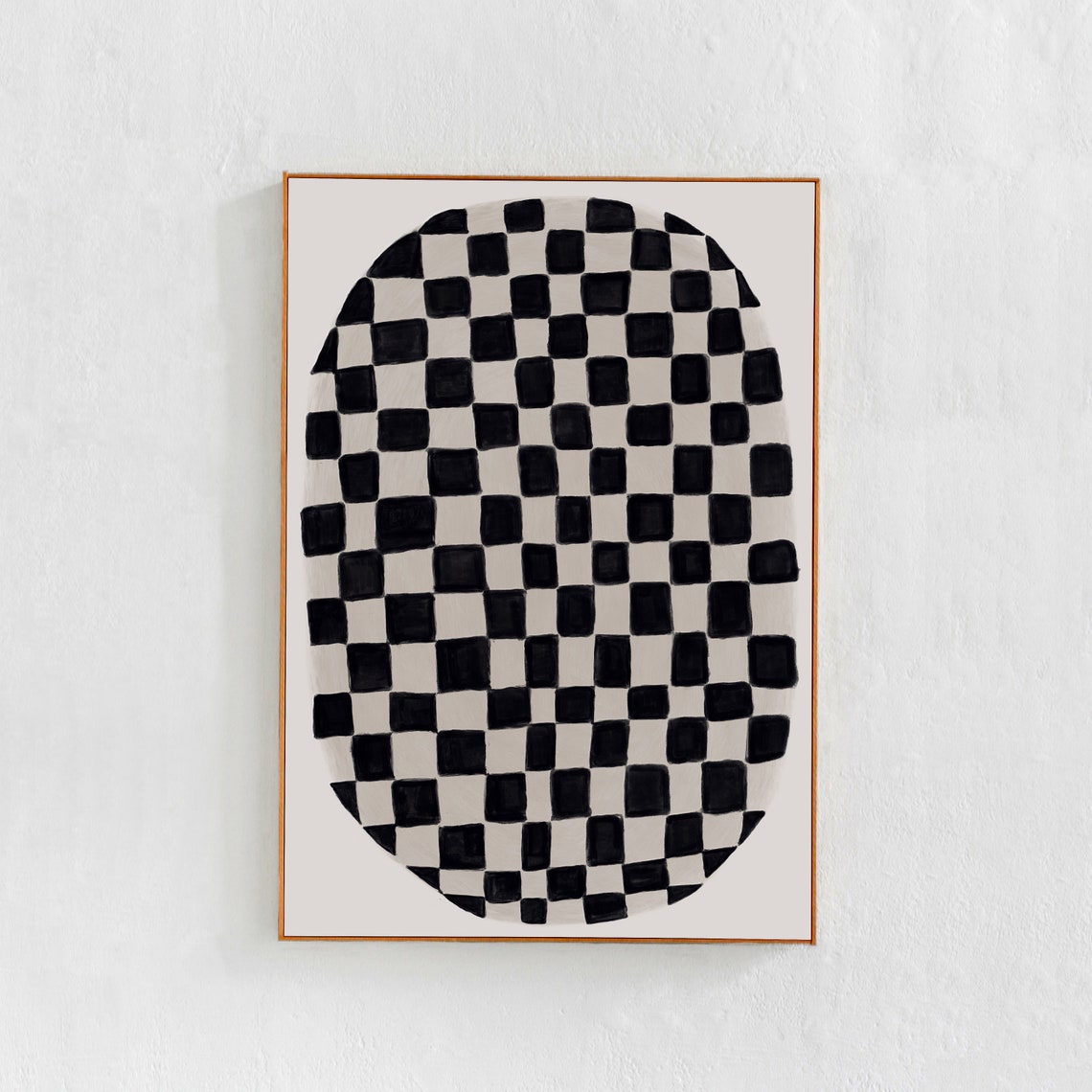 Scandi Modern Checkered Oval Art Print, Black and White