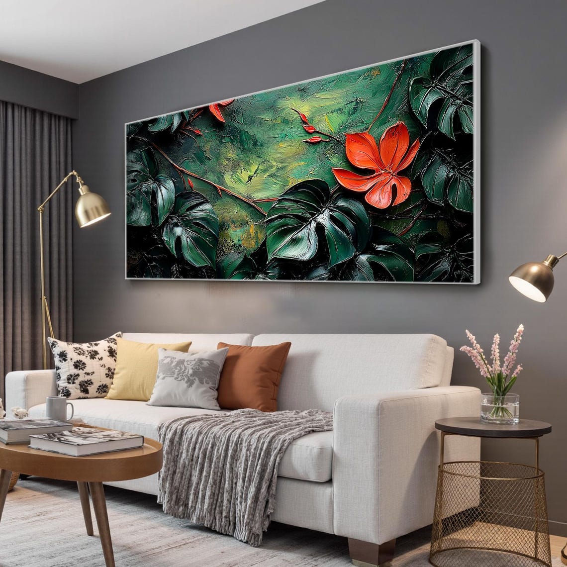 Dark Green Monstera Tropical Leaves Red Flower Impasto Wall Art Poster - Image 5