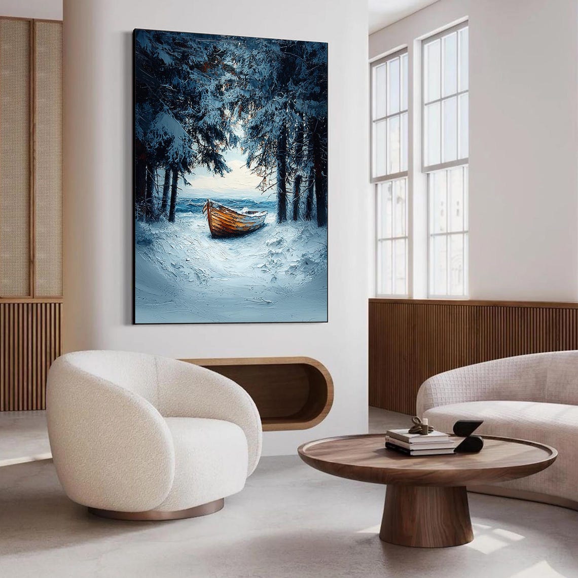 Wooden Boat Snowy Shore Pine Forest Winter Impasto Art Poster - Image 5