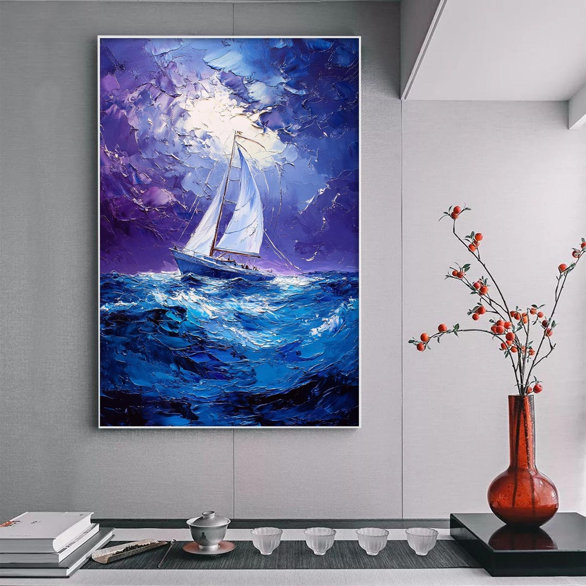 Sailboat Stormy Night Seas Purple Waves Impasto Dramatic Art Poster - Image 4