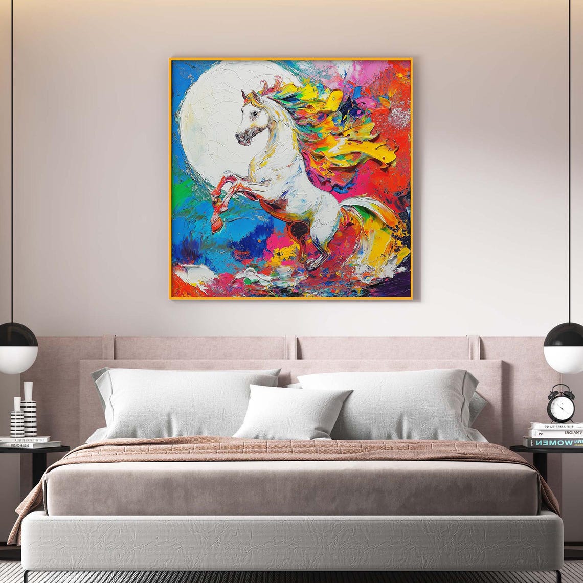 White Horse Rearing Rainbow Colors Impasto Abstract Animal Art Poster - Image 4