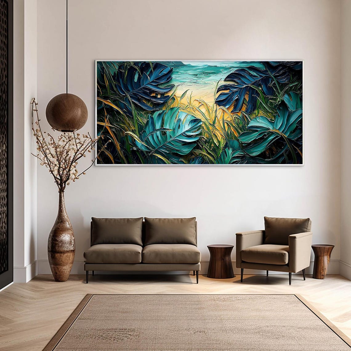 Tropical Monstera Leaf Beach Ocean View Impasto Textured Art Poster - Image 3