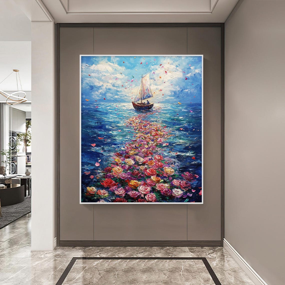 Sailboat Trailing Roses Ocean Impasto Romantic Seascape Art Poster - Image 5