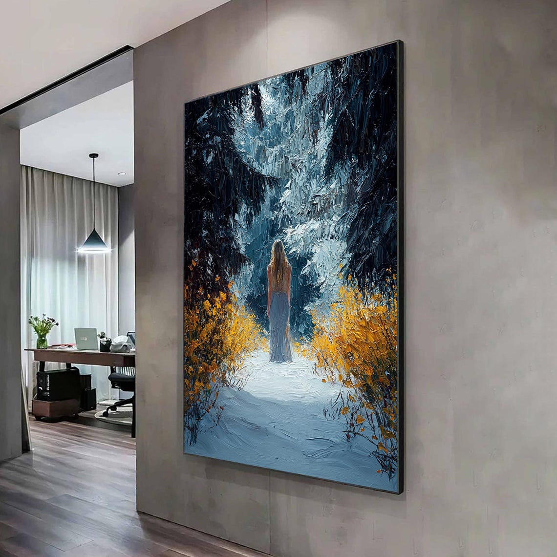 Woman Walking Snowy Forest Path Winter Landscape Impasto Art Poster - Image 4