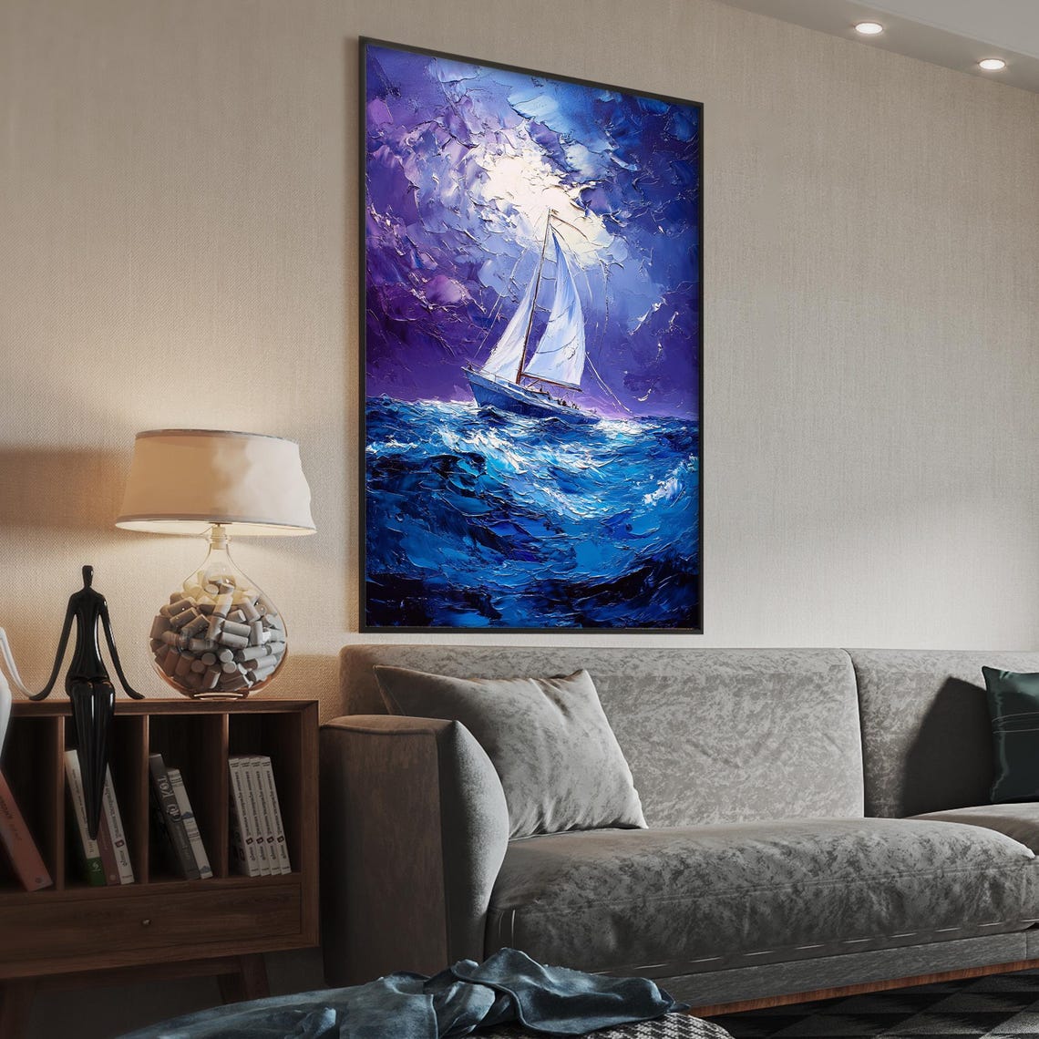 Sailboat Stormy Night Seas Purple Waves Impasto Dramatic Art Poster - Image 5