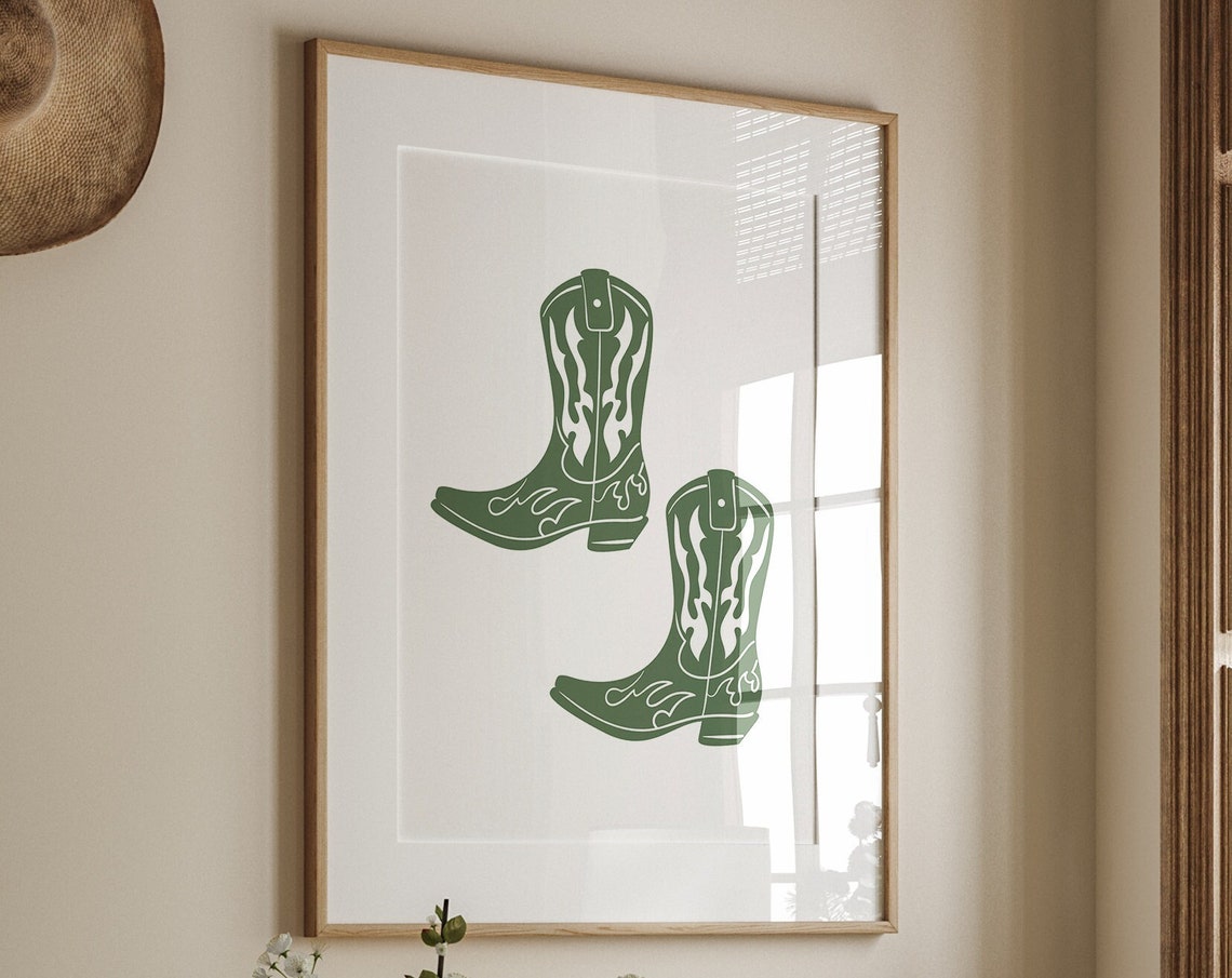 Green Cowboy Boots White Stitch Boho Western Minimalist Wall Poster