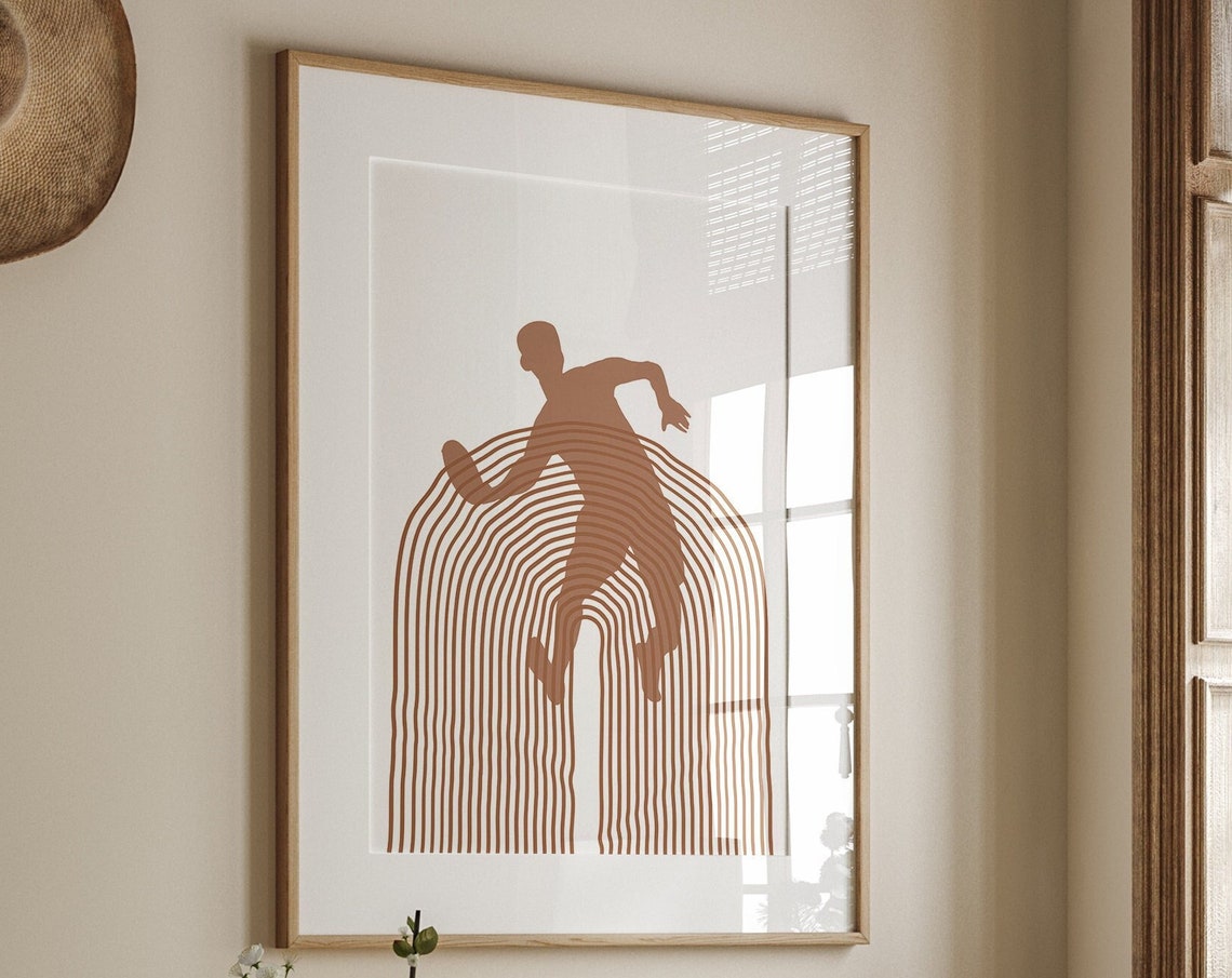 Frisbee Catch Silhouette Line Rainbow Beige Minimal Sports Poster