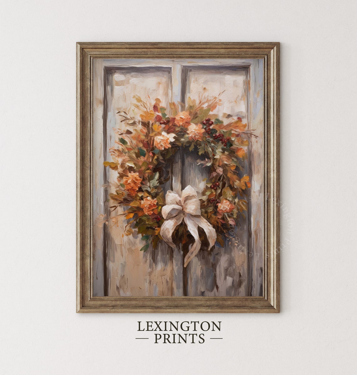 Fall Wreath with Bow on a Rustic Door Autumn Painting Poster - Image 5