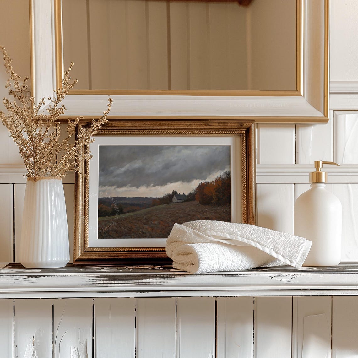 Stormy Autumn Hillside with Cottage Dark Clouds Oil Painting Poster - Image 2