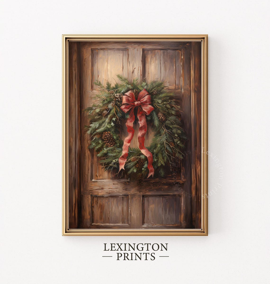 Christmas Wreath with Red Velvet Bow on Rustic Wooden Door Poster - Image 5