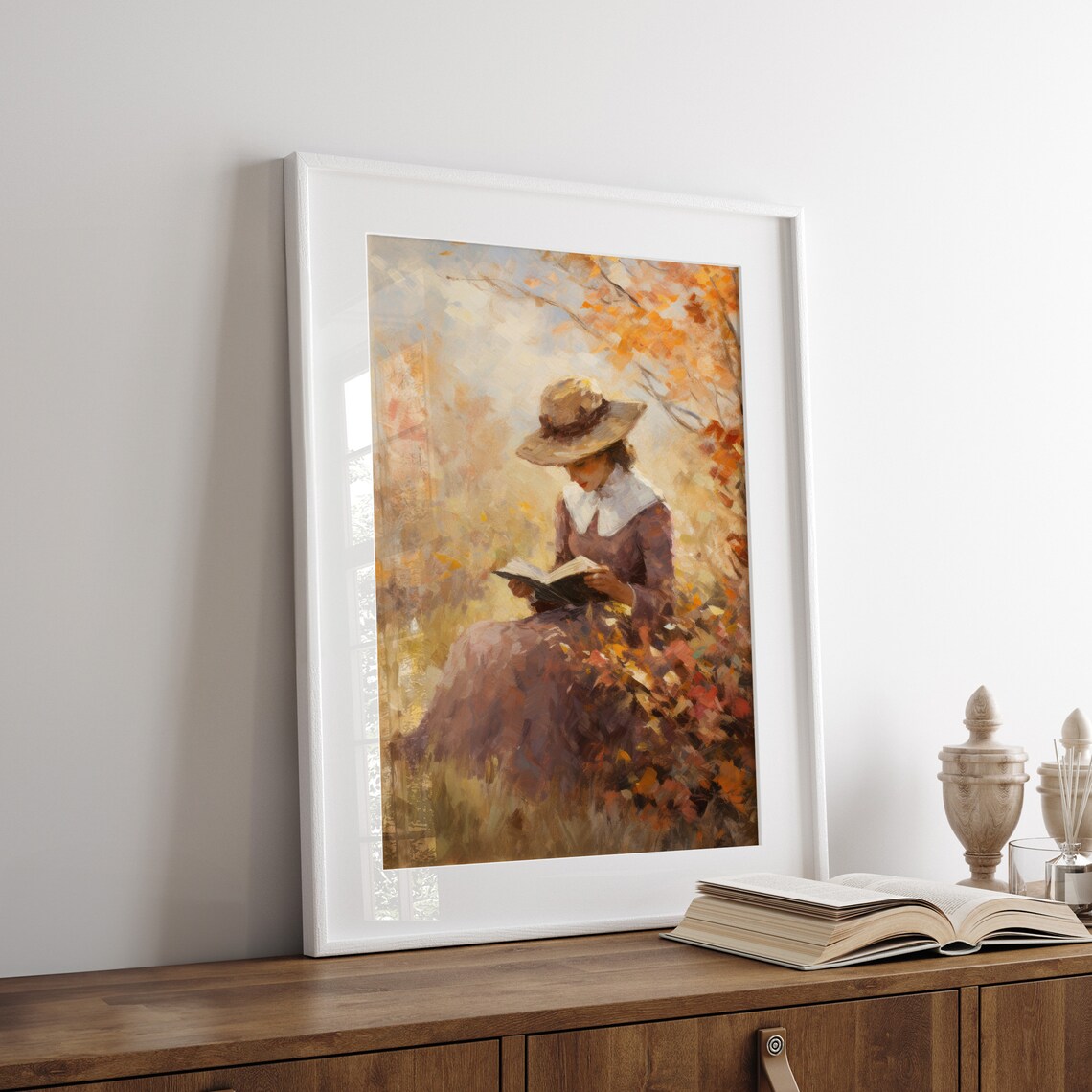 Woman Reading in Autumn Garden Vintage Hat Fall Foliage Art Poster - Image 7