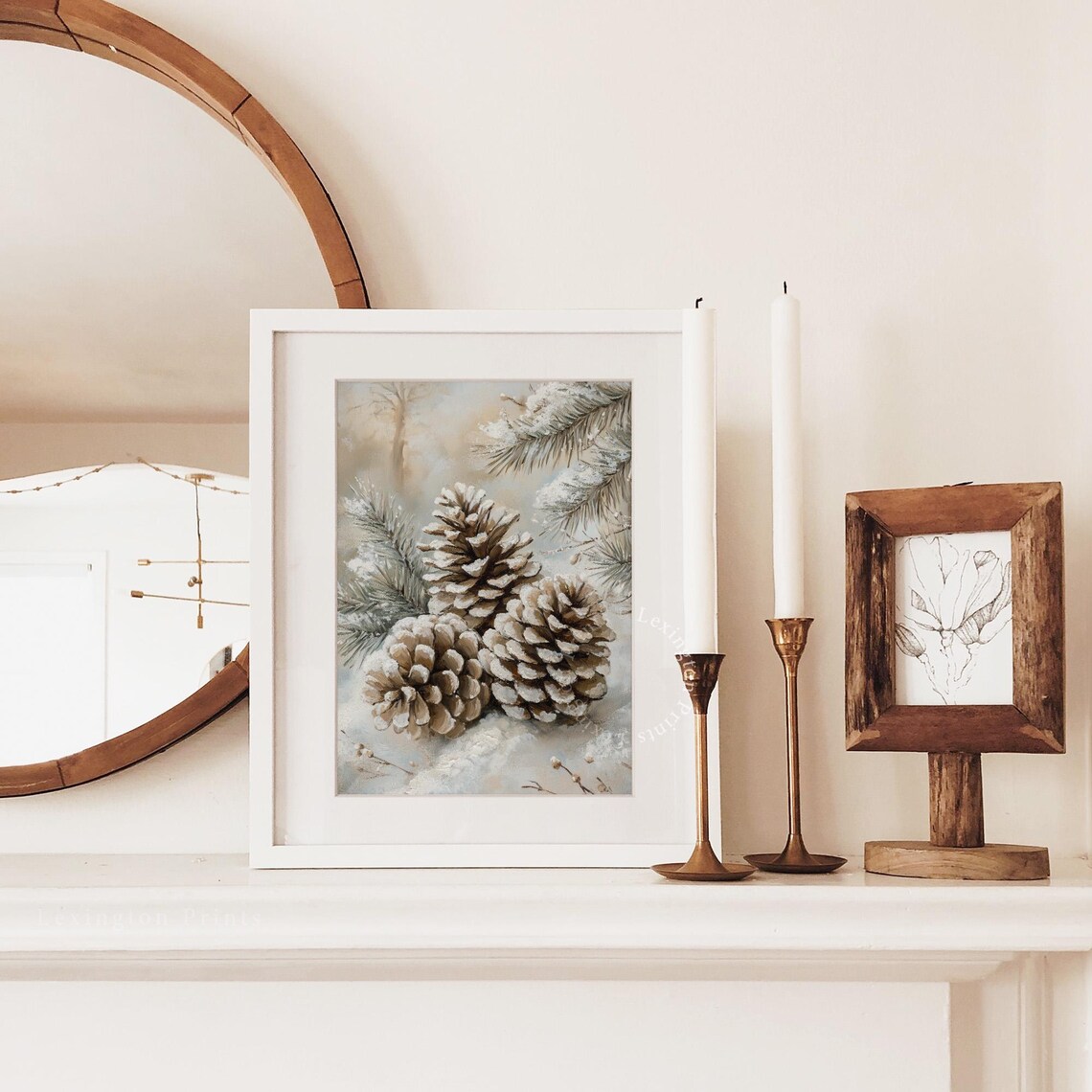 Snowy Pinecone Print, Neutral Farmhouse Christmas Art Print - Image 3