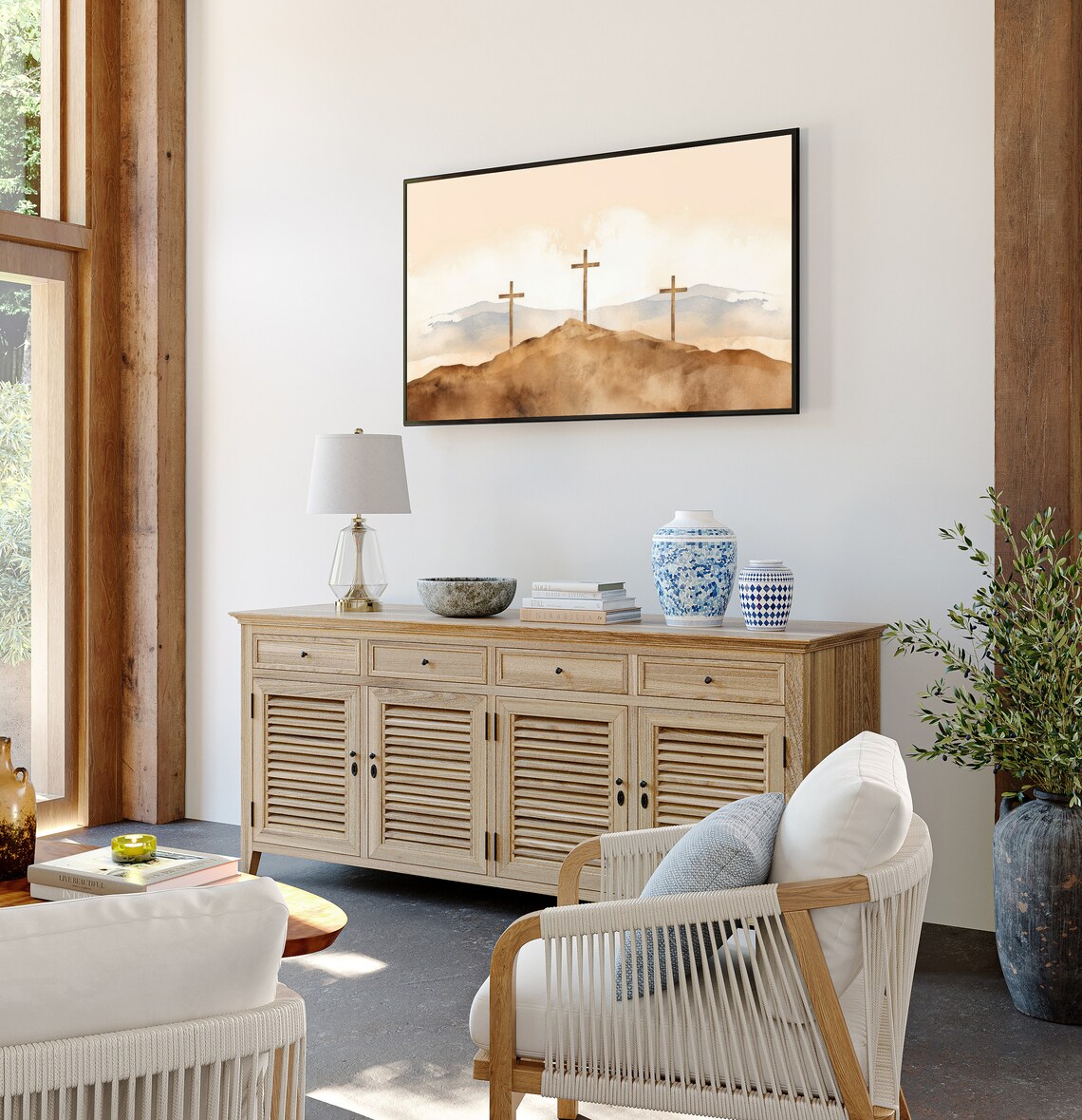 Three Wooden Crosses On Hill Soft Watercolor Sunrise Frame TV Art Poster - Image 2