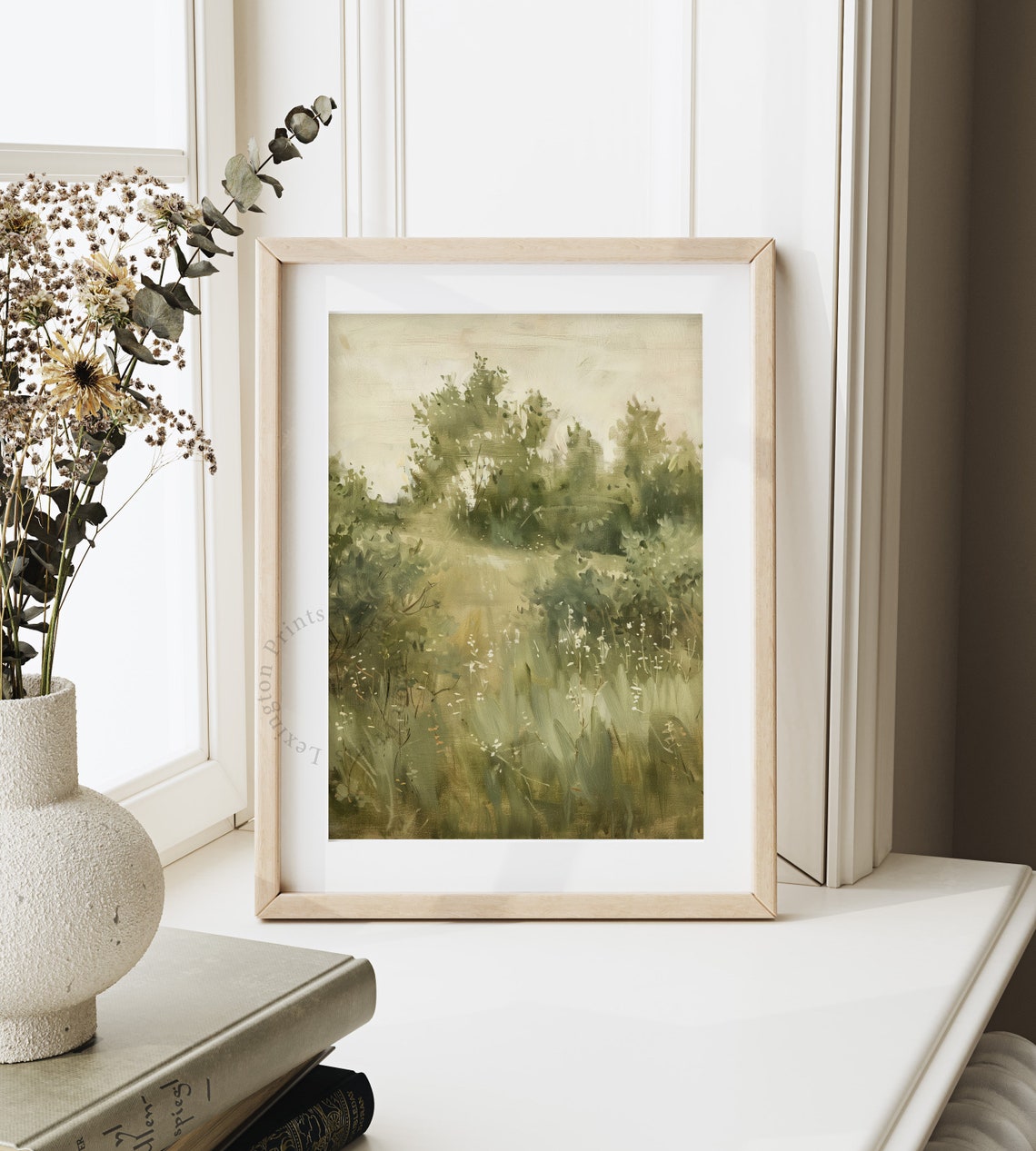 Serene Misty Green Meadow Watercolor Landscape Morning Light Art Print - Image 4