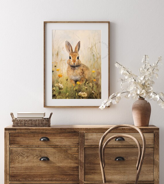 Sweet Rabbit Sitting in Wildflower Meadow Vintage Animal Art Print