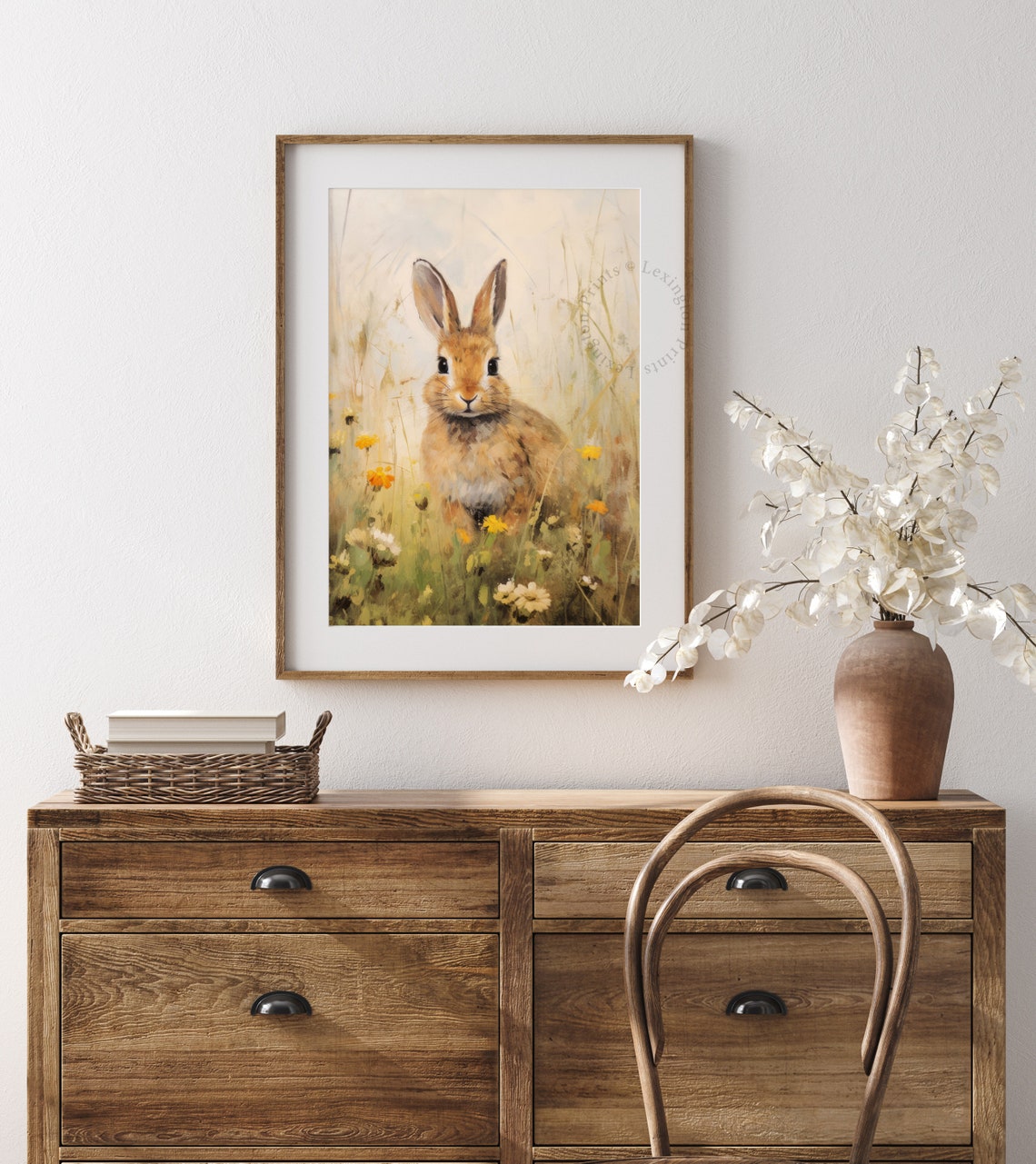 Sweet Rabbit Sitting in Wildflower Meadow Vintage Animal Art Print