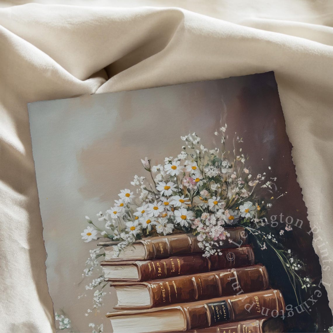 Vintage Books Stack Topped with Daisies Moody Floral Wall Art