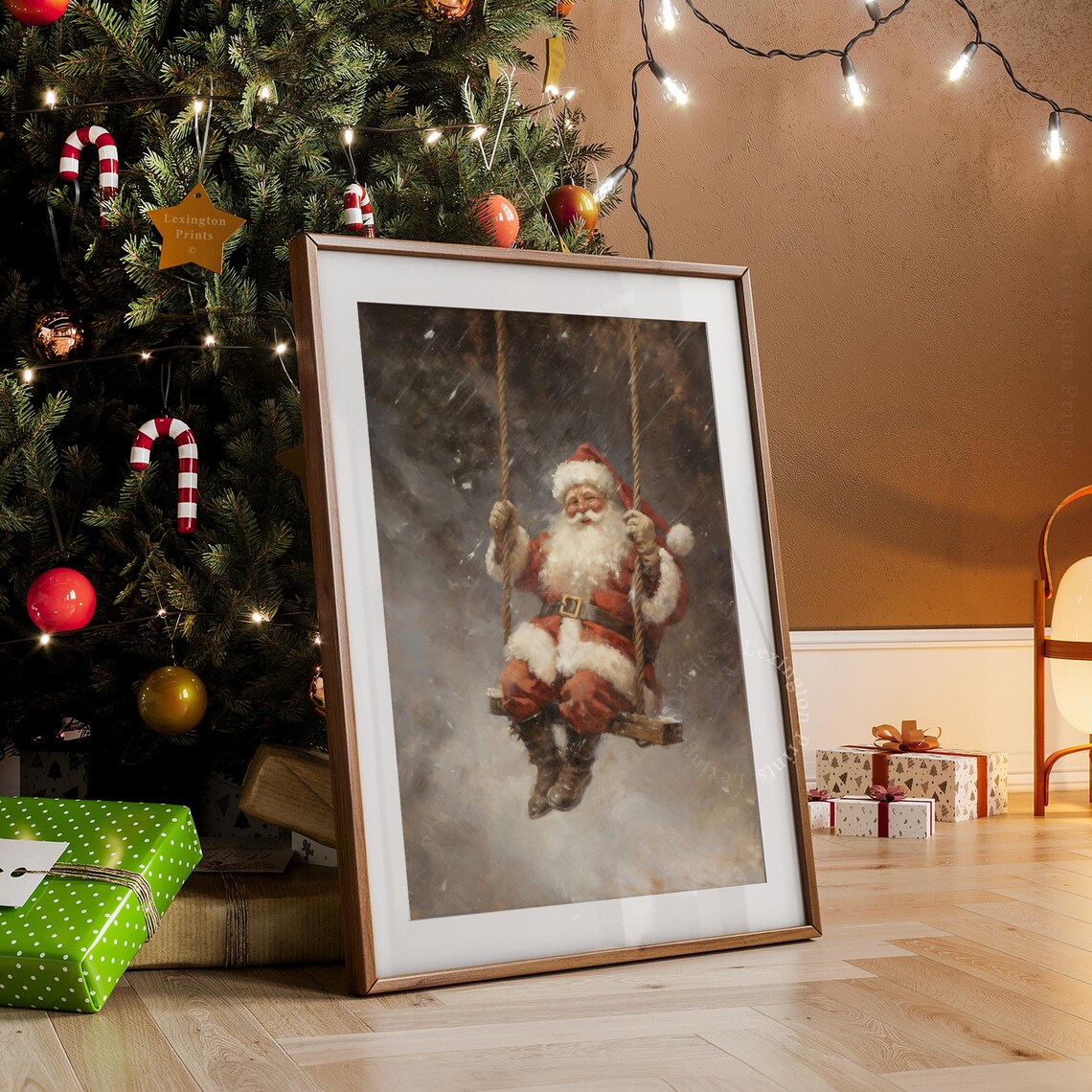 Vintage Santa Claus Swinging in Snow Oil Painting Christmas Poster - Image 7