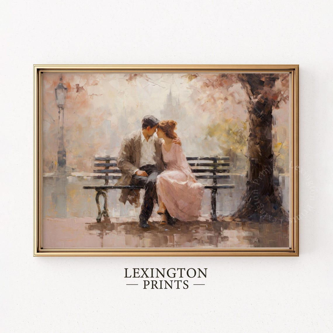 Romantic Couple on Park Bench Under Autumn Tree Watercolor Art Print - Image 8