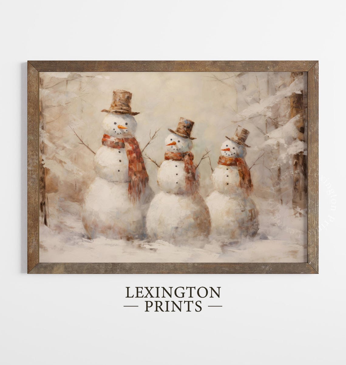 Three Vintage Snowmen in Winter Forest Christmas Scene Poster