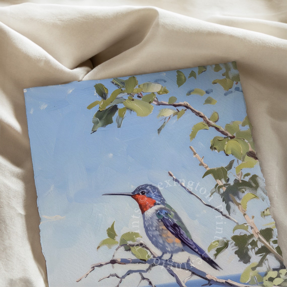 Ruby Throated Hummingbird on Branch Over Ocean Painting Poster - Image 6