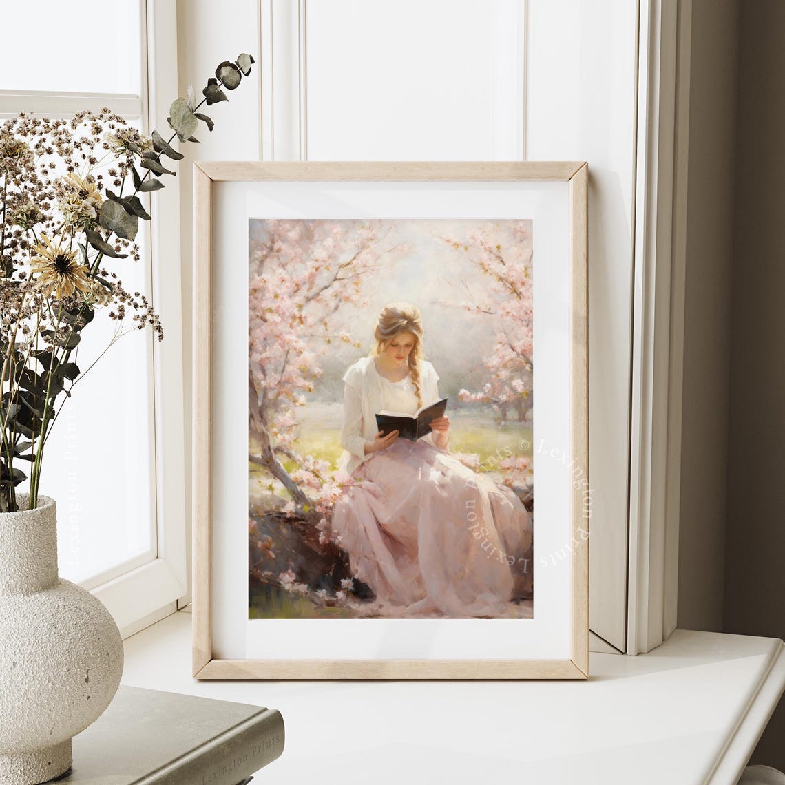 Woman Reading Book under Cherry Blossoms Pink Spring Garden Poster - Image 3