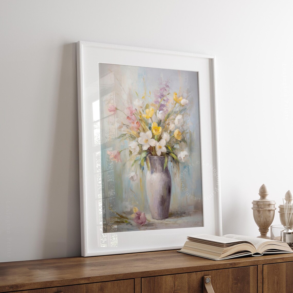 Pastel Spring Flowers Still Life Grey Vase Soft Impressionist Floral Poster - Image 6