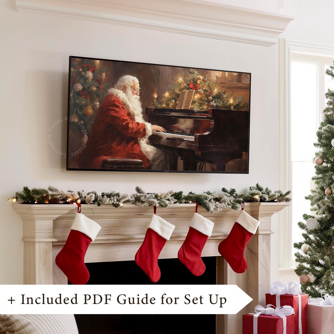 Santa Claus Playing Grand Piano by Christmas Tree Frame TV Art Poster - Image 8