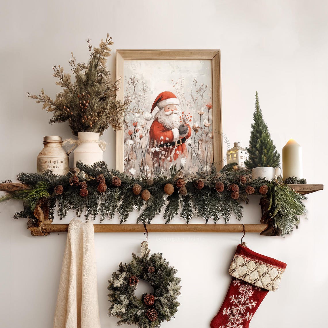 Santa Claus Among Wildflowers Holding Bouquet Christmas Wall Art - Image 3