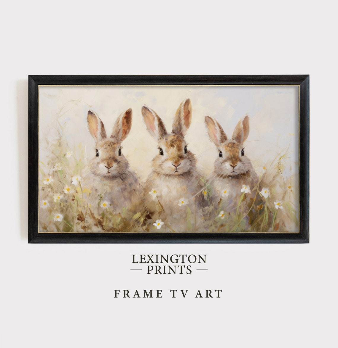 Three Cute Bunnies Among White Spring Daisies Watercolor Meadow Poster - Image 4