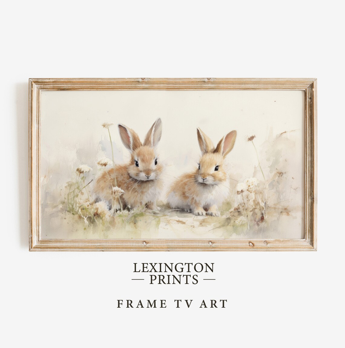 Baby Bunnies Pair Soft Watercolor Cream Background Easter Frame TV Art Poster