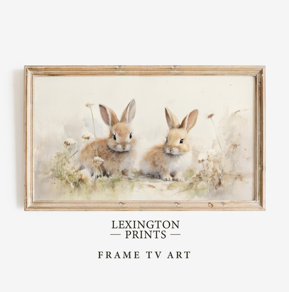 Baby Bunnies Pair Soft Watercolor Cream Background Easter Frame TV Art Poster