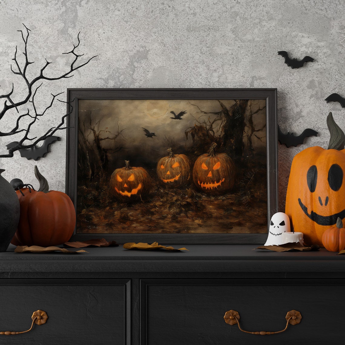 Three Glowing Jack O Lanterns in Dark Haunted Woods Halloween Poster - Image 7