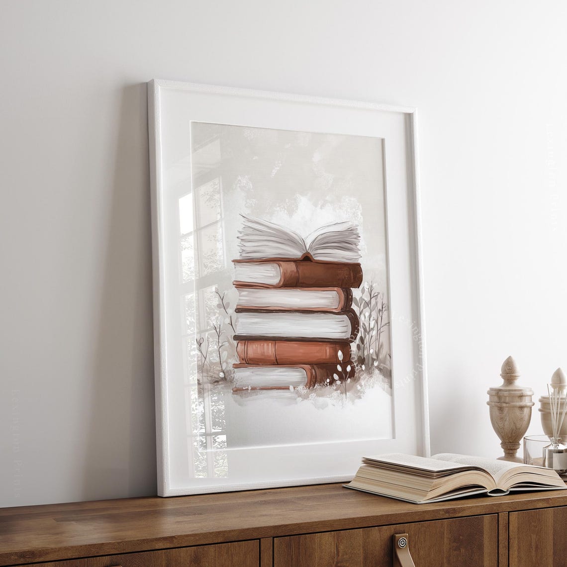 Stack of Books with Open Book Neutral Winter Reading Room Wall Art - Image 8