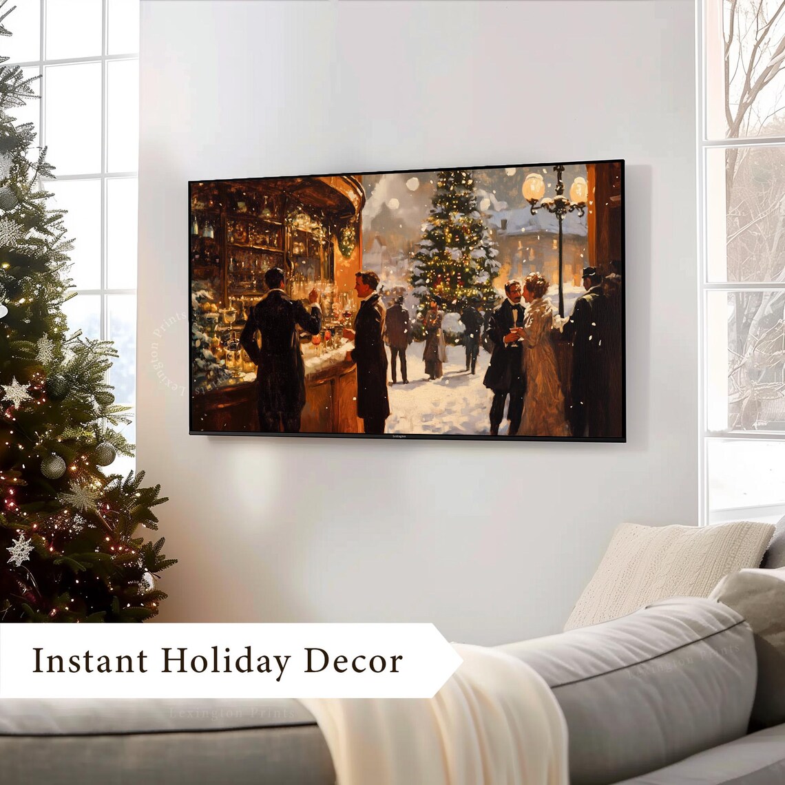 Vintage Snowy Cafe Christmas Eve Street Scene Painting Poster - Image 4