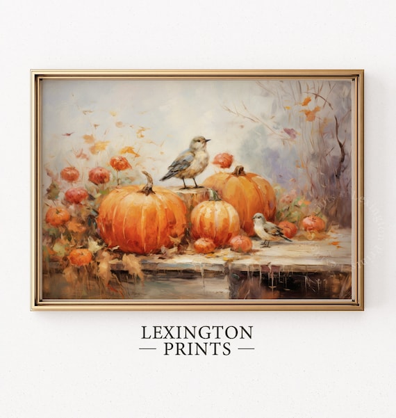 Pumpkins and Songbirds Autumn Still Life Oil Painting Fall Poster