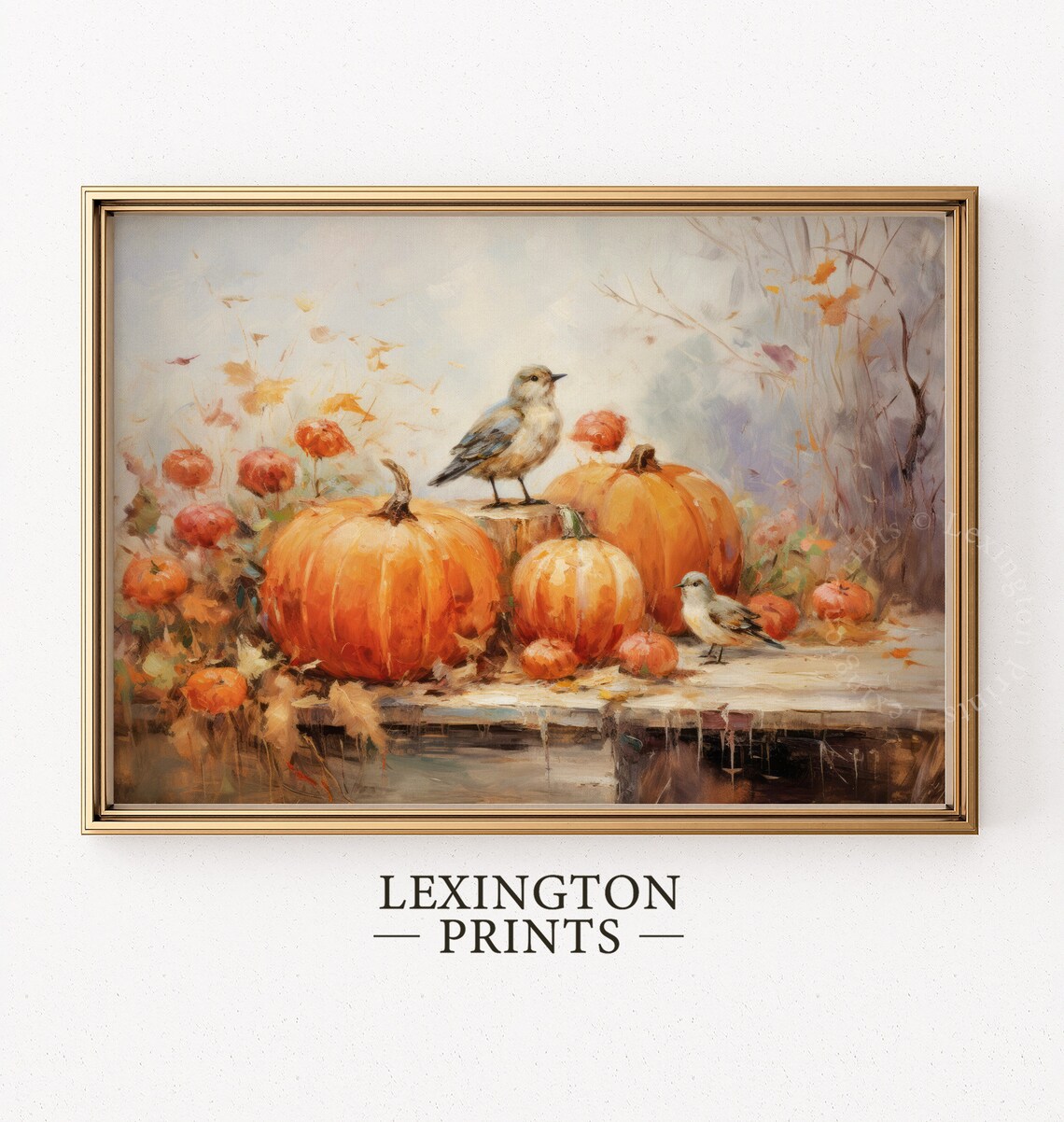 Pumpkins and Songbirds Autumn Still Life Oil Painting Fall Poster