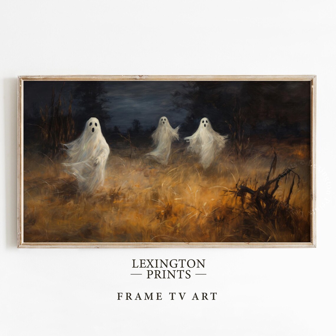 Three Dancing Ghosts in Golden Wheat Field Halloween Frame TV Art Print - Image 5
