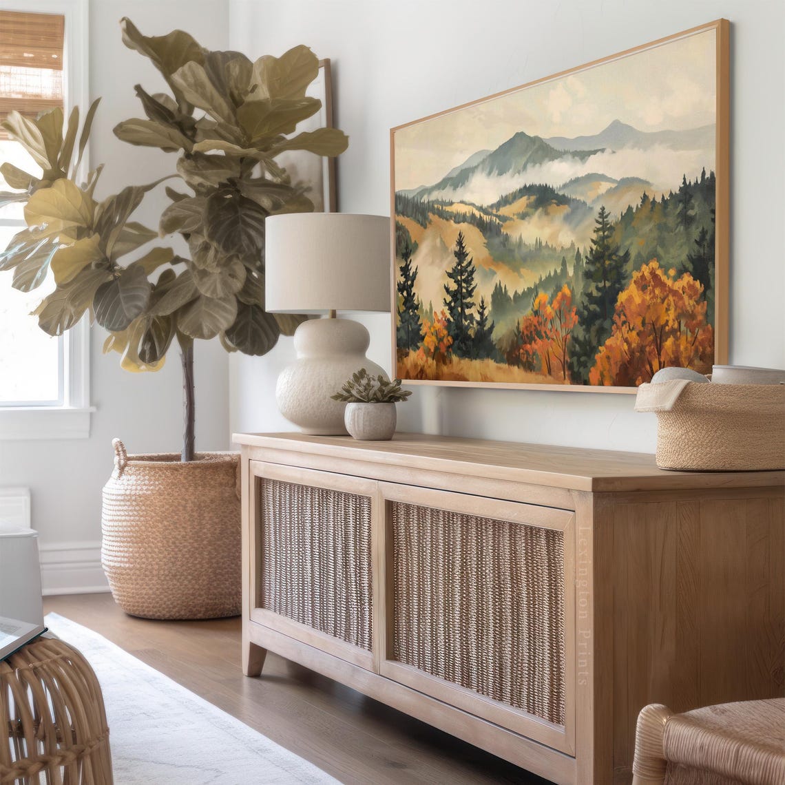 Moody Fall Mountain Landscape with Misty Pines Frame TV Art Print - Image 3